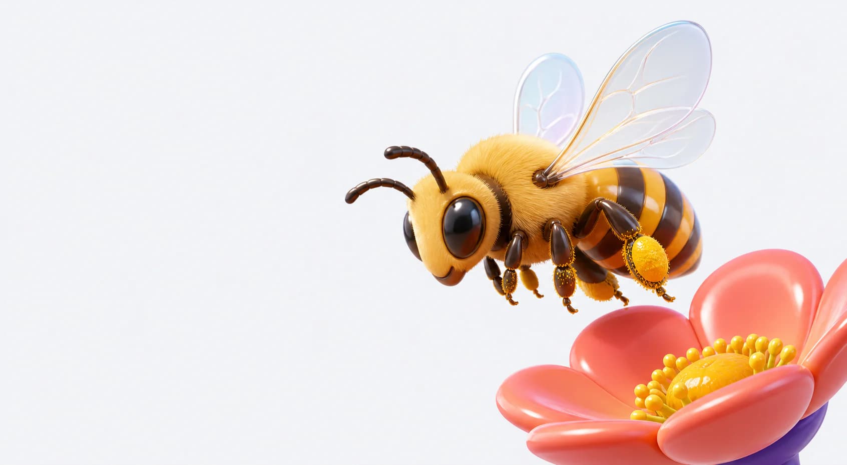 Glossy 3D foraging honeybee beside a coral flower