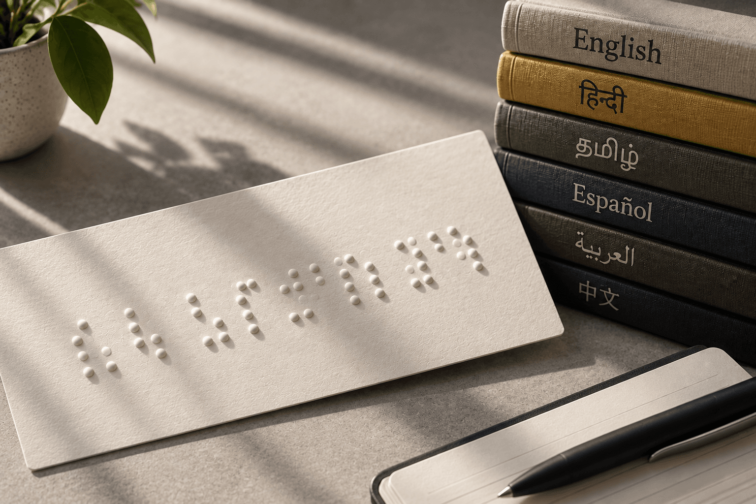 Braille dots beside books representing different languages