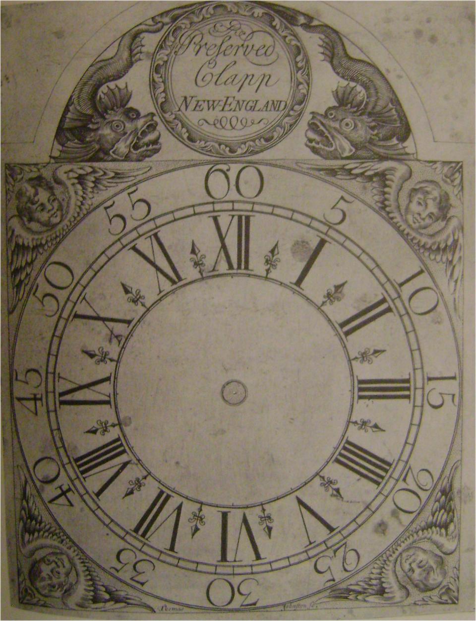 Engraved clock face from 1756 using IIII for four