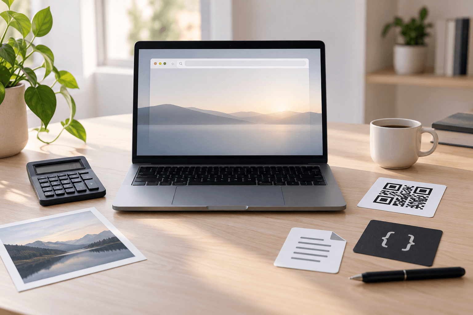 A laptop surrounded by everyday objects representing different online tools