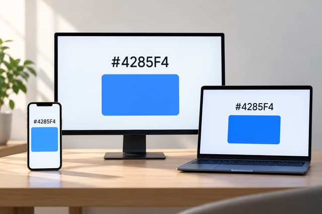 Laptop and phone displaying the same HEX color code with visibly different shades of green
