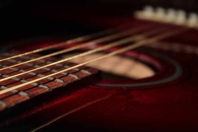 Close up of an acoustic guitar showing the strings and fretboard